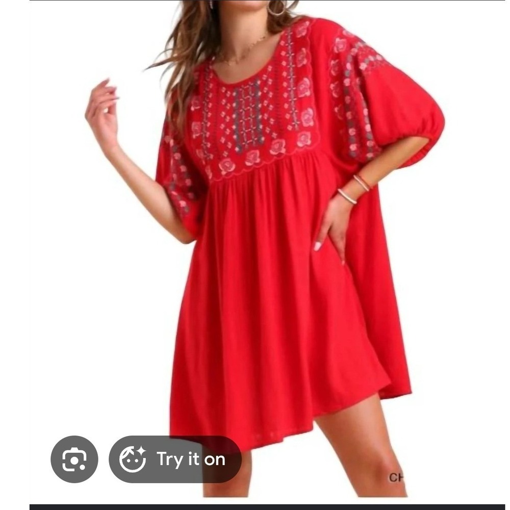 Umgee Red Floral Embroidered Boho Linen Blend Flowy Babydoll Mini Dress Sz L